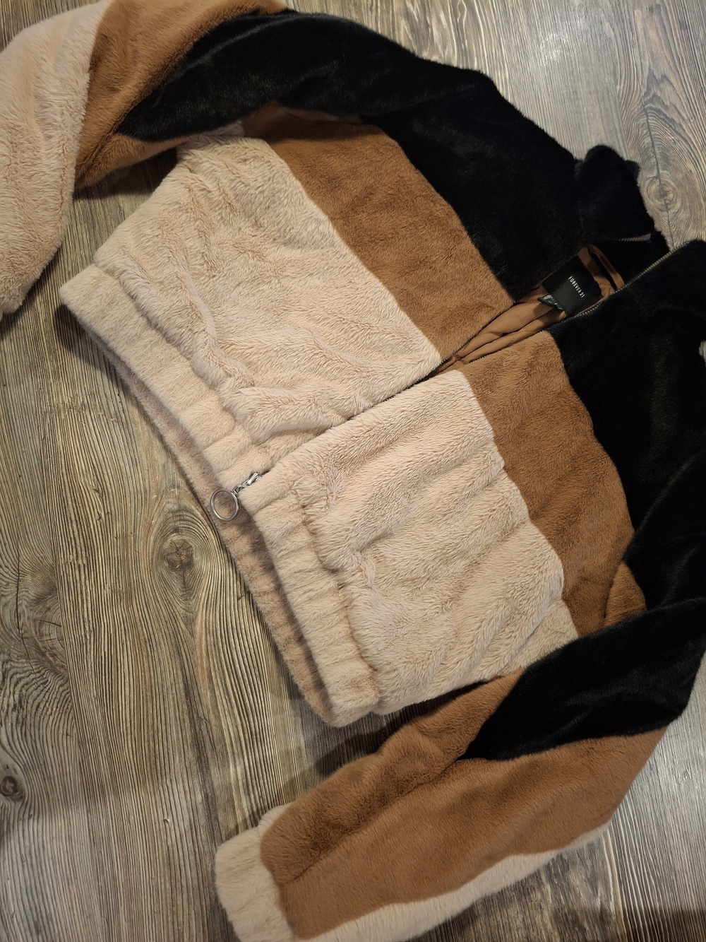 Forever 21 Colorblock Faux Fur Bomber Jacket - Beige, Brown & Black